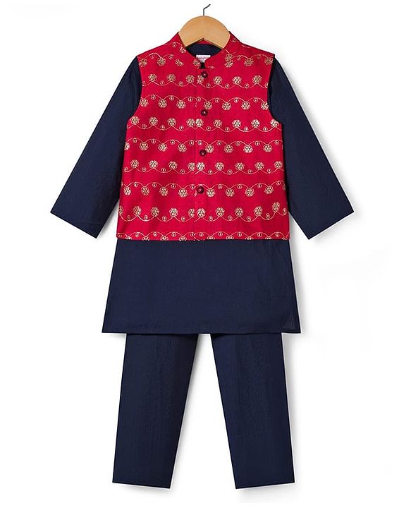 Babyhug Rayon Woven Full Sleeves Kurta Pajama & Foil Printed Jacket Set - Navy Blue