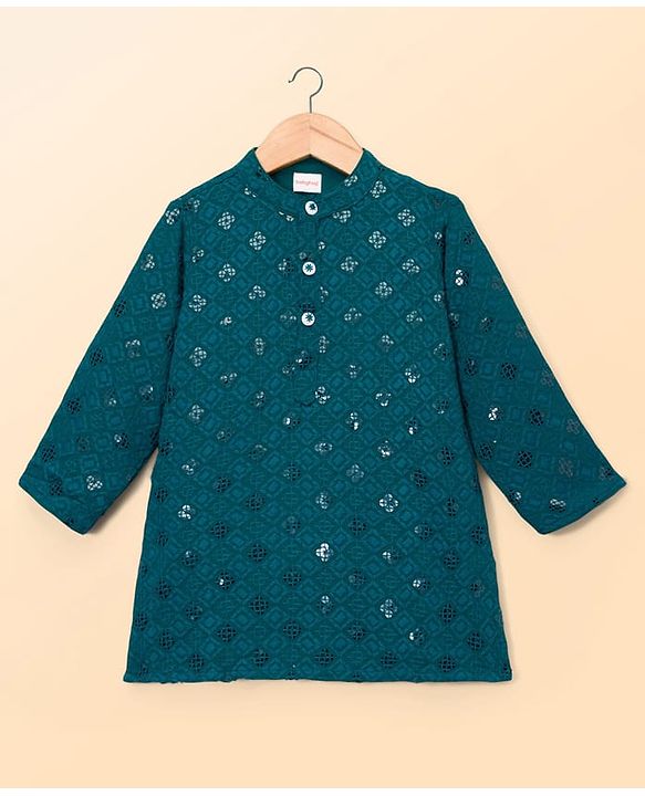 Babyhug Schiffili Woven Full Sleeves Kurta Pajama Set with Embroidery & Sequin Detailing - Teal Blue