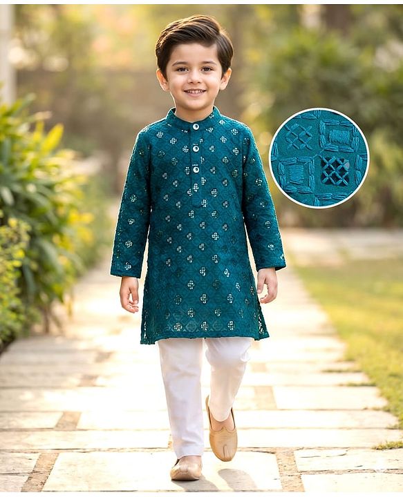 Babyhug Schiffili Woven Full Sleeves Kurta Pajama Set with Embroidery & Sequin Detailing - Teal Blue