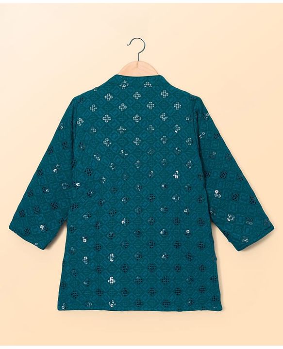 Babyhug Schiffili Woven Full Sleeves Kurta Pajama Set with Embroidery & Sequin Detailing - Teal Blue