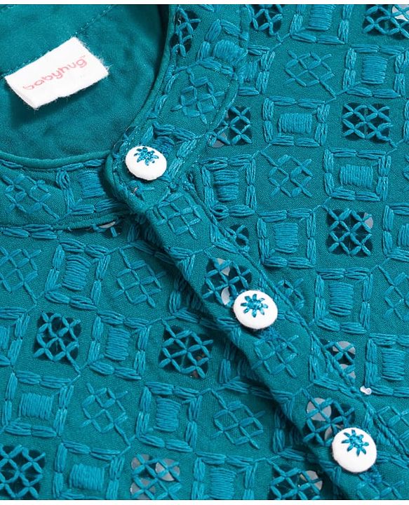 Babyhug Schiffili Woven Full Sleeves Kurta Pajama Set with Embroidery & Sequin Detailing - Teal Blue