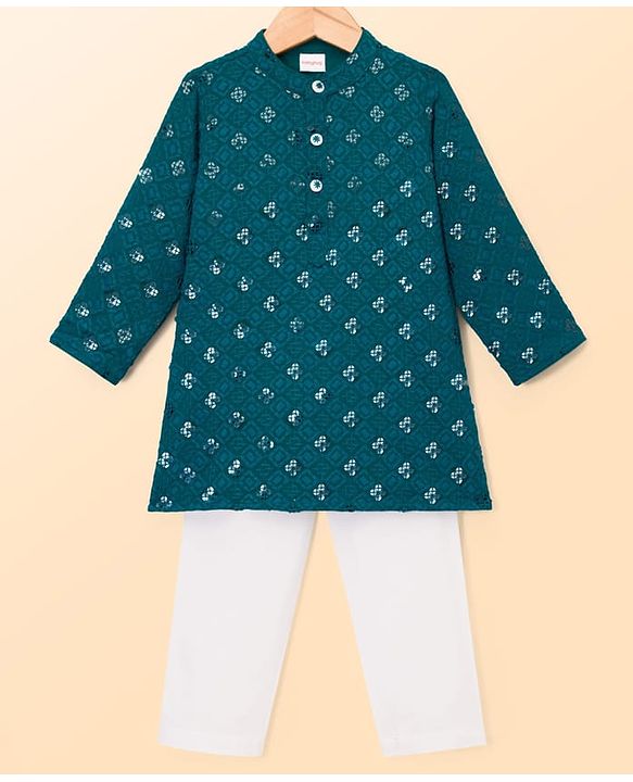 Babyhug Schiffili Woven Full Sleeves Kurta Pajama Set with Embroidery & Sequin Detailing - Teal Blue