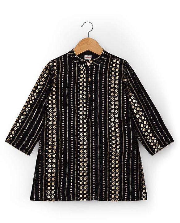 Babyhug Georgette Woven Full Sleeves Sequin Embroidered Kurta Pyjama Set - Black