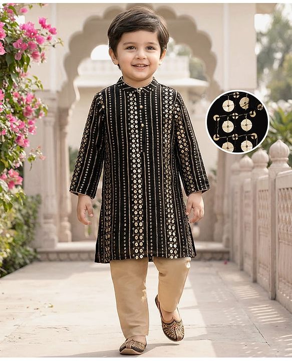 Babyhug Georgette Woven Full Sleeves Sequin Embroidered Kurta Pyjama Set - Black