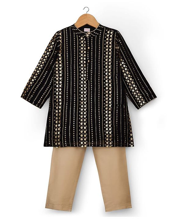 Babyhug Georgette Woven Full Sleeves Sequin Embroidered Kurta Pyjama Set - Black