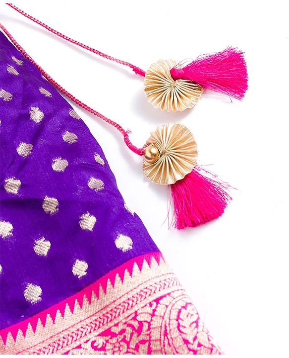Babyhug Brocade Woven Half Sleeves Choli Lehenga & Dupatta Set With Floral Foil Print - Purple