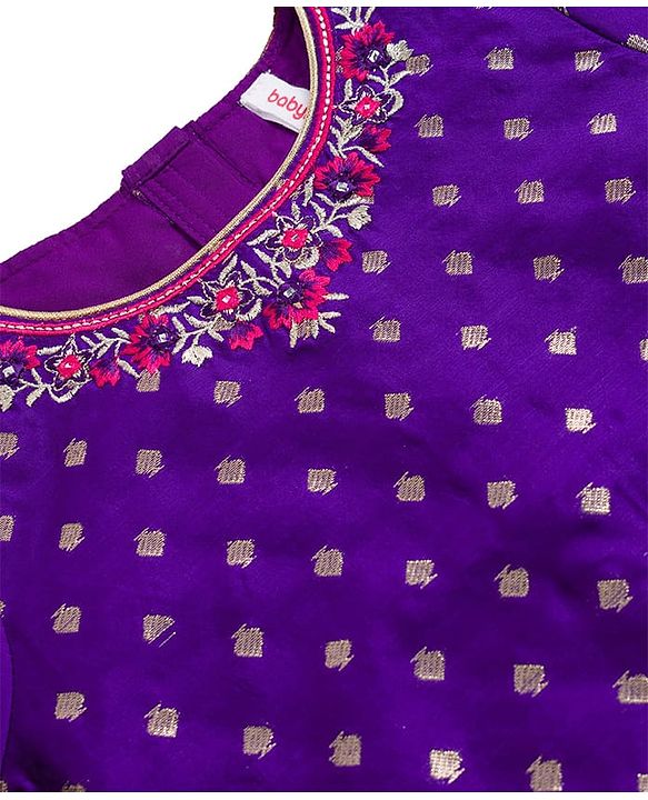 Babyhug Brocade Woven Half Sleeves Choli Lehenga & Dupatta Set With Floral Foil Print - Purple