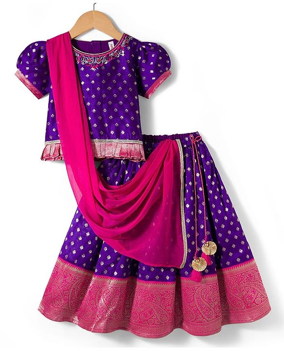 Babyhug Brocade Woven Half Sleeves Choli Lehenga & Dupatta Set With Floral Foil Print - Purple