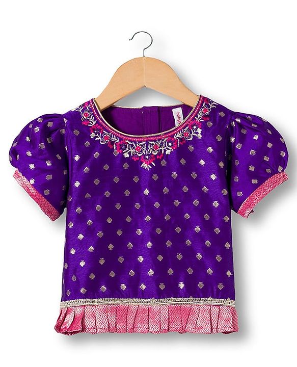 Babyhug Brocade Woven Half Sleeves Choli Lehenga & Dupatta Set With Floral Foil Print - Purple