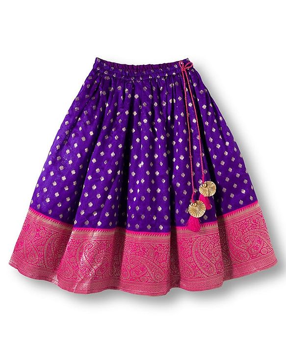 Babyhug Brocade Woven Half Sleeves Choli Lehenga & Dupatta Set With Floral Foil Print - Purple