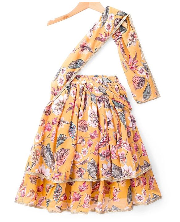 Babyhug Woven Frill Sleeves Lehenga Choli Set With Floral Print & Embroidery & Dupatta - Yellow & Pink