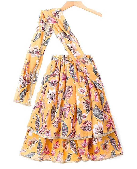 Babyhug Woven Frill Sleeves Lehenga Choli Set With Floral Print & Embroidery & Dupatta - Yellow & Pink