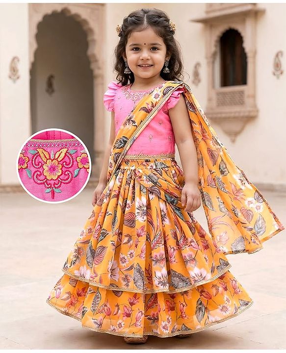 Babyhug Woven Frill Sleeves Lehenga Choli Set With Floral Print & Embroidery & Dupatta - Yellow & Pink
