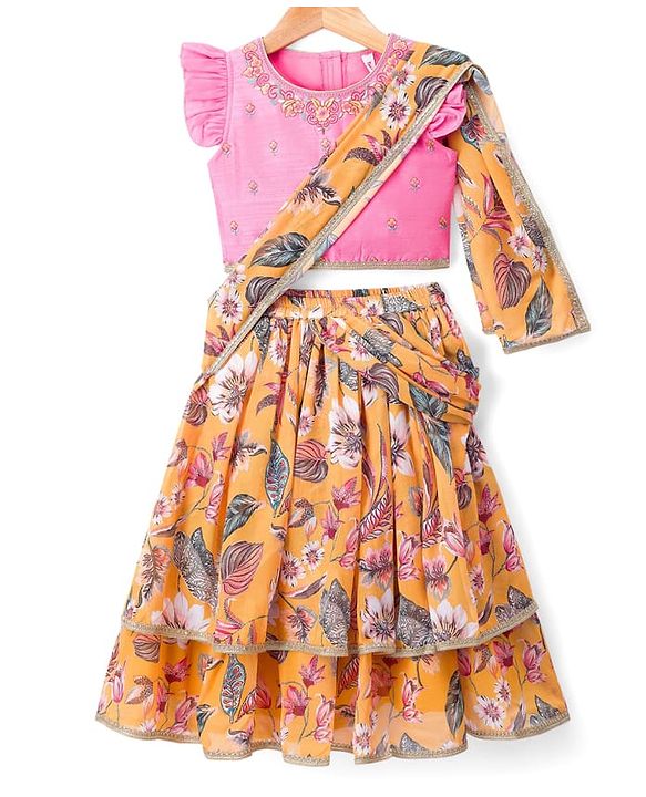 Babyhug Woven Frill Sleeves Lehenga Choli Set With Floral Print & Embroidery & Dupatta - Yellow & Pink