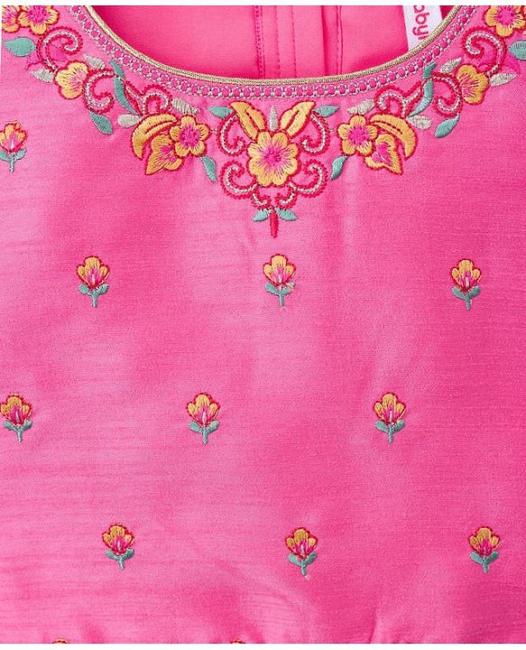 Babyhug Woven Frill Sleeves Lehenga Choli Set With Floral Print & Embroidery & Dupatta - Yellow & Pink