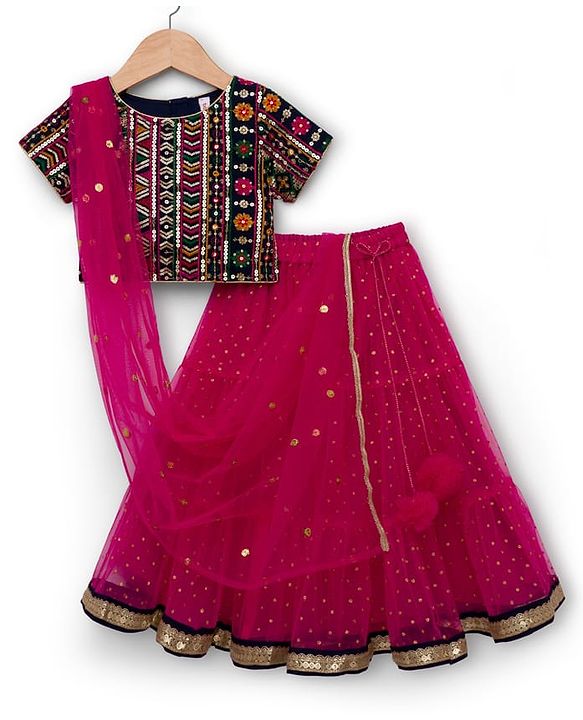 Babyhug  Short Sleeves Sequin Embroidered Choli and Shimmer Net Lehenga with Dupatta -  Fuschia