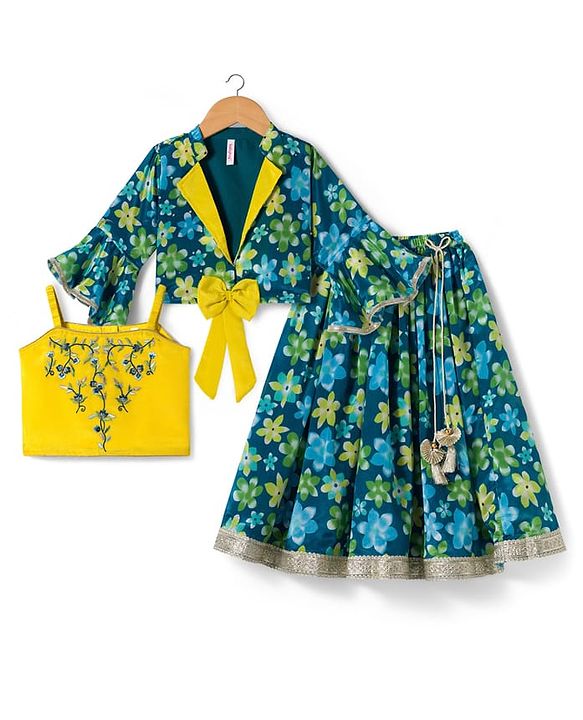 Babyhug Georgette Woven Full Sleeves Choli Lehenga & Jacket Set With Floral Print & Embridoery - Green