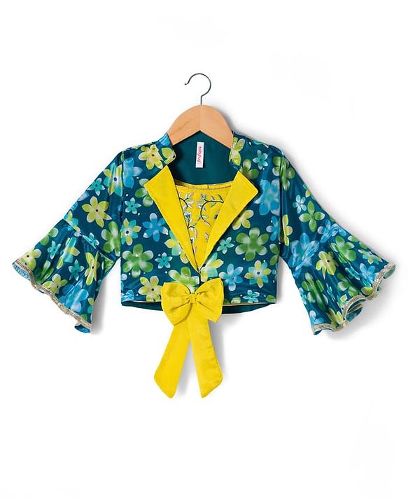 Babyhug Georgette Woven Full Sleeves Choli Lehenga & Jacket Set With Floral Print & Embridoery - Green