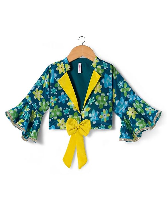 Babyhug Georgette Woven Full Sleeves Choli Lehenga & Jacket Set With Floral Print & Embridoery - Green