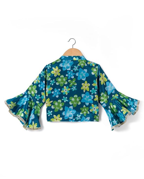 Babyhug Georgette Woven Full Sleeves Choli Lehenga & Jacket Set With Floral Print & Embridoery - Green