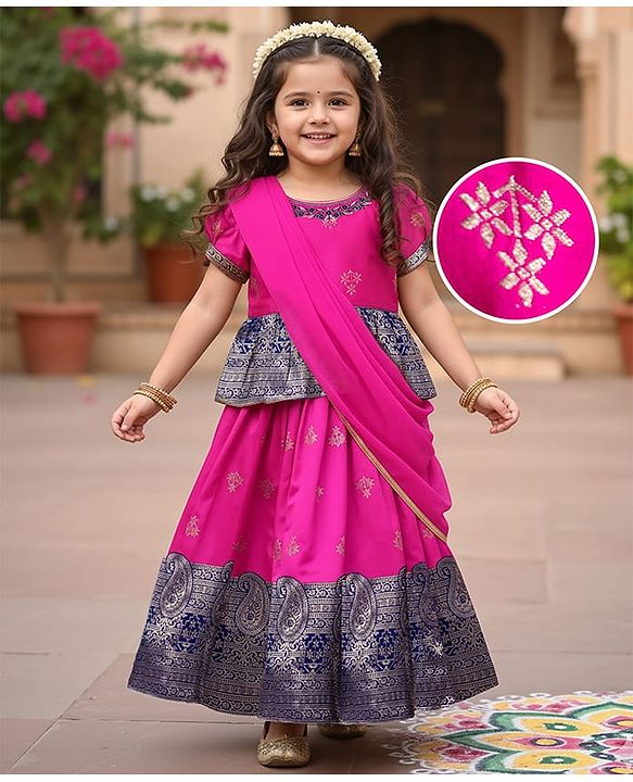 Babyhug Brocade Woven Half Sleeves Pattu Pavada Choli Lehenga & Dupatta Set with Floral Print - Fuchsia