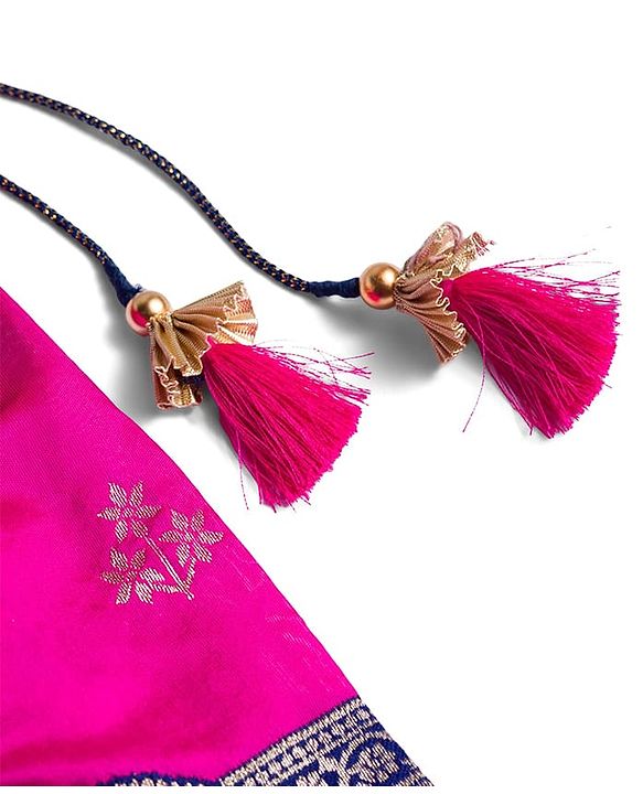 Babyhug Brocade Woven Half Sleeves Pattu Pavada Choli Lehenga & Dupatta Set with Floral Print - Fuchsia