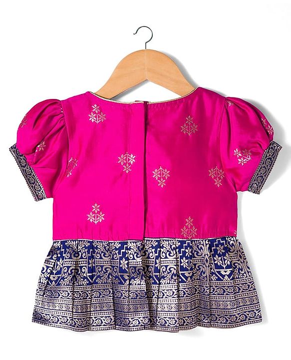 Babyhug Brocade Woven Half Sleeves Pattu Pavada Choli Lehenga & Dupatta Set with Floral Print - Fuchsia
