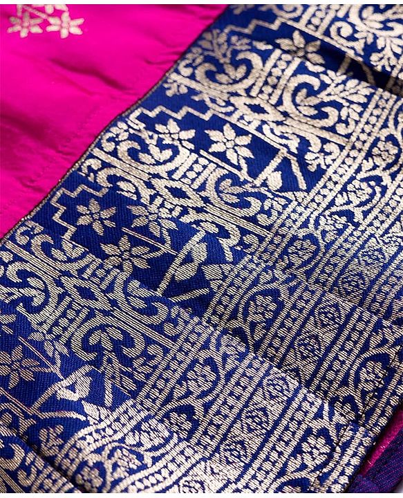 Babyhug Brocade Woven Half Sleeves Pattu Pavada Choli Lehenga & Dupatta Set with Floral Print - Fuchsia