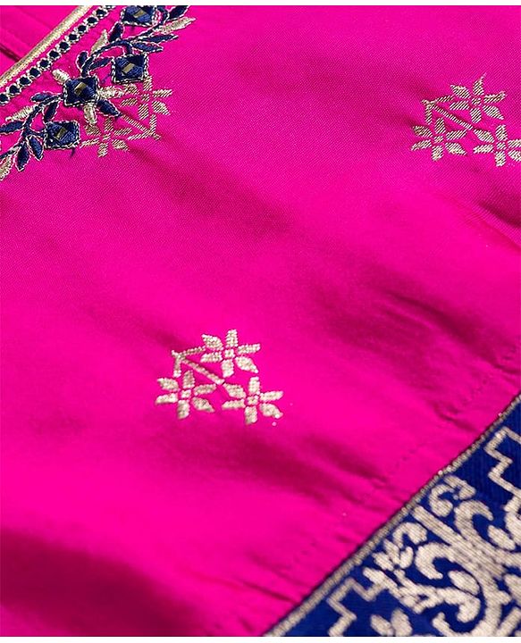 Babyhug Brocade Woven Half Sleeves Pattu Pavada Choli Lehenga & Dupatta Set with Floral Print - Fuchsia
