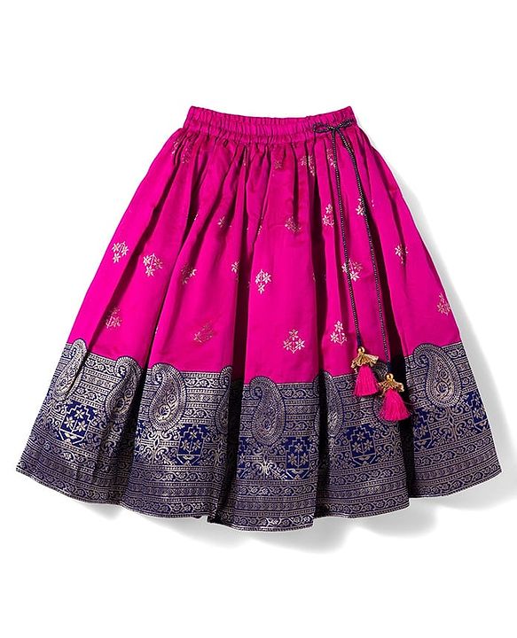 Babyhug Brocade Woven Half Sleeves Pattu Pavada Choli Lehenga & Dupatta Set with Floral Print - Fuchsia