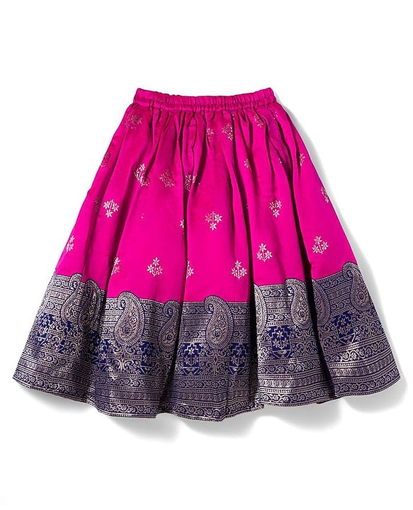 Babyhug Brocade Woven Half Sleeves Pattu Pavada Choli Lehenga & Dupatta Set with Floral Print - Fuchsia