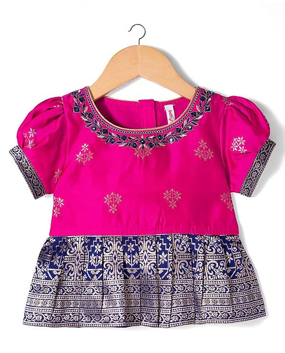 Babyhug Brocade Woven Half Sleeves Pattu Pavada Choli Lehenga & Dupatta Set with Floral Print - Fuchsia