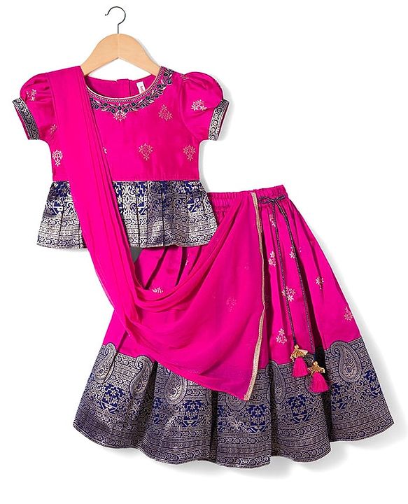 Babyhug Brocade Woven Half Sleeves Pattu Pavada Choli Lehenga & Dupatta Set with Floral Print - Fuchsia