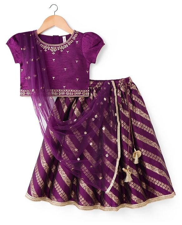 Babyhug Brocade Woven Half Sleeves Choli Lehenga & Dupatta Set With Floral Embriodery - Wine