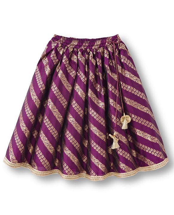 Babyhug Brocade Woven Half Sleeves Choli Lehenga & Dupatta Set With Floral Embriodery - Wine