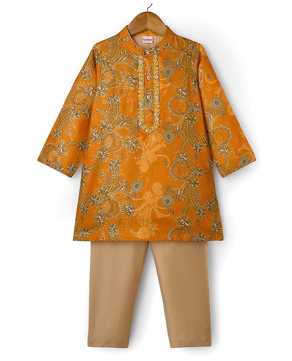Babyhug Cotton Woven Full Sleeves Cambric Foil Printed Kurta Pajama Set- Mustard