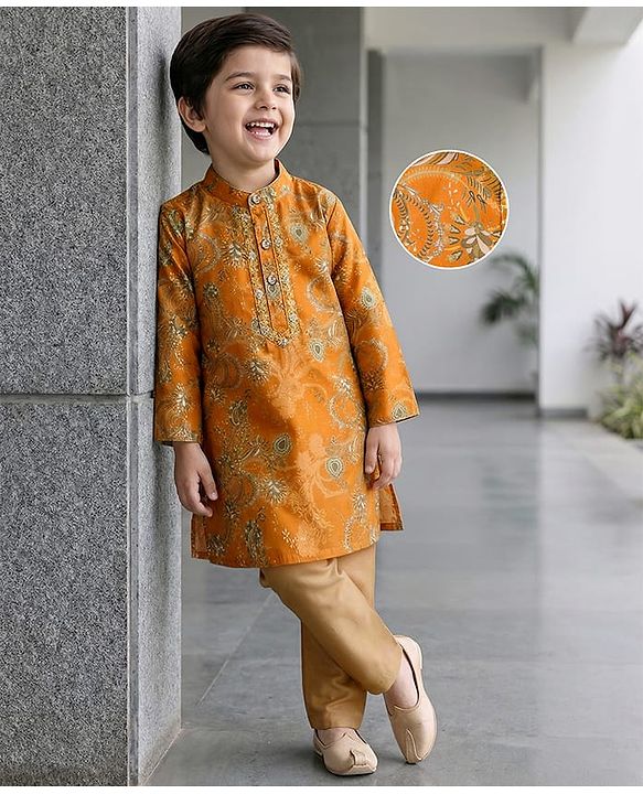 Babyhug Cotton Woven Full Sleeves Cambric Foil Printed Kurta Pajama Set- Mustard