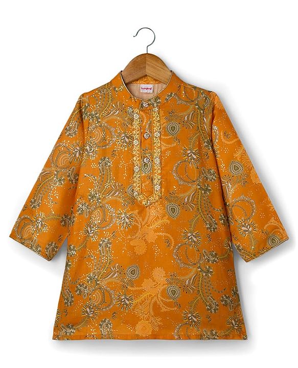 Babyhug Cotton Woven Full Sleeves Cambric Foil Printed Kurta Pajama Set- Mustard