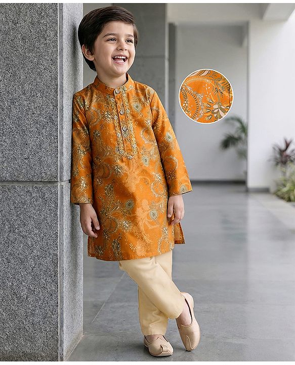 Babyhug Cotton Woven Full Sleeves Cambric Foil Printed Kurta Pajama Set- Mustard