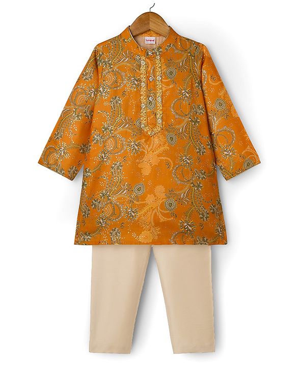 Babyhug Cotton Woven Full Sleeves Cambric Foil Printed Kurta Pajama Set- Mustard