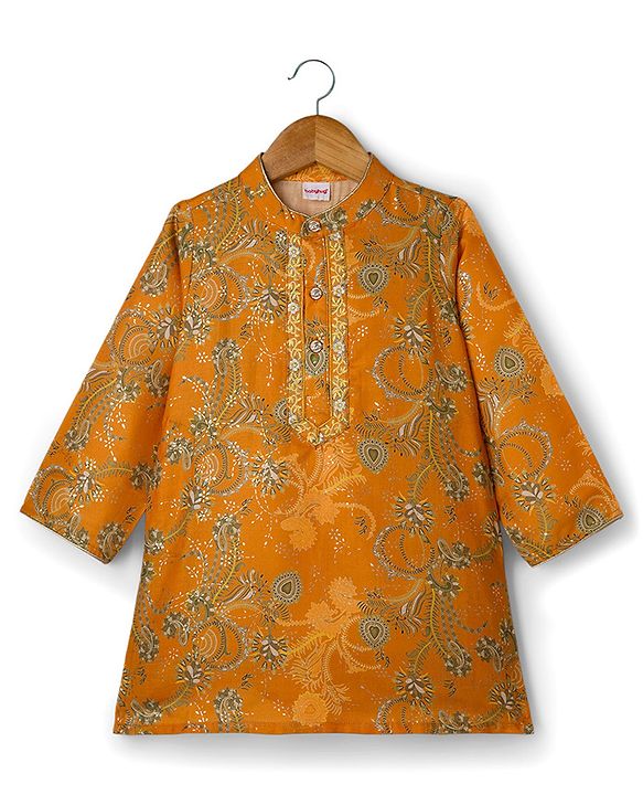 Babyhug Cotton Woven Full Sleeves Cambric Foil Printed Kurta Pajama Set- Mustard