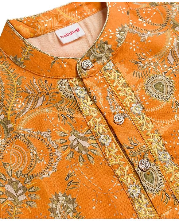 Babyhug Cotton Woven Full Sleeves Cambric Foil Printed Kurta Pajama Set- Mustard