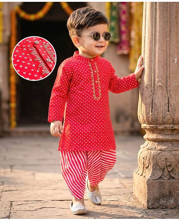 Babyhug Cambric Woven Full Sleeves Kurta Dhoti Set with Angarakha Foil Print - Red