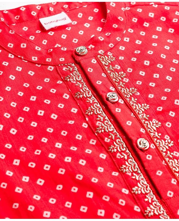 Babyhug Cambric Woven Full Sleeves Kurta Dhoti Set with Angarakha Foil Print - Red