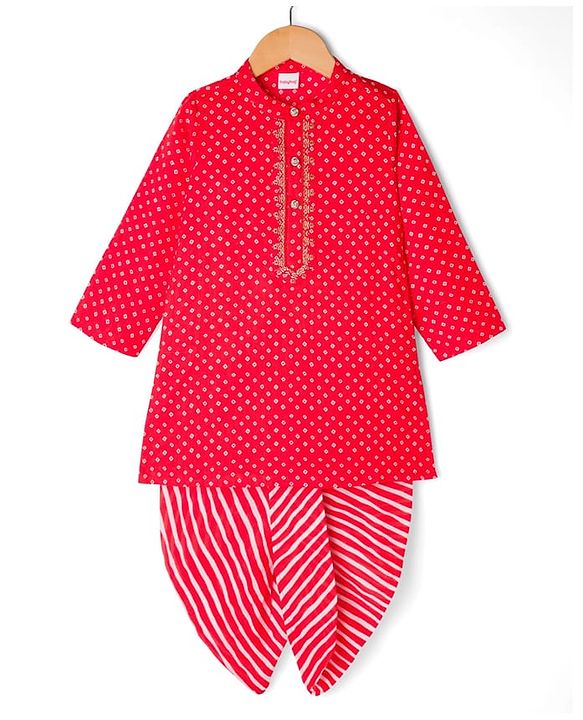 Babyhug Cambric Woven Full Sleeves Kurta Dhoti Set with Angarakha Foil Print - Red