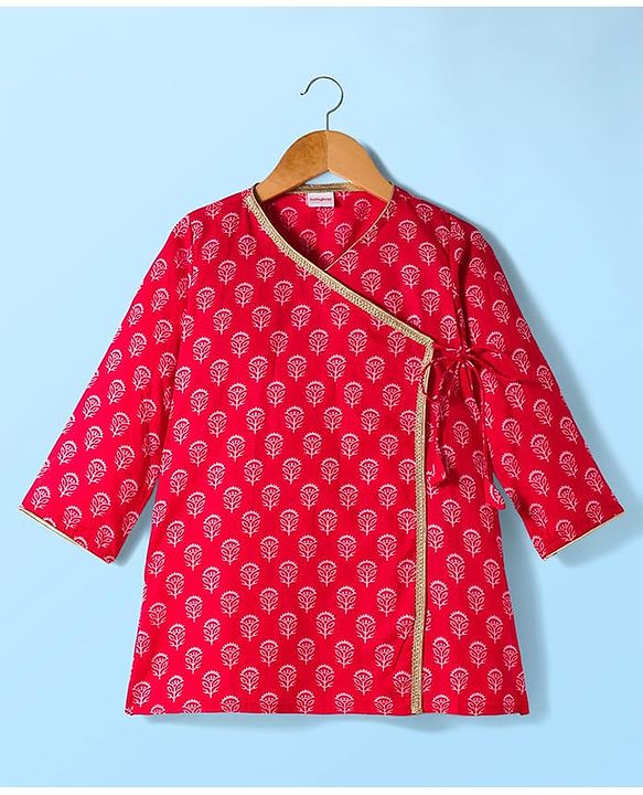 Babyhug Cambric Woven Full Sleeves Kurta Dhoti Set with Floral Print - Red