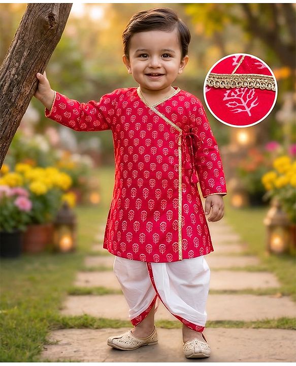Babyhug Cambric Woven Full Sleeves Kurta Dhoti Set with Floral Print - Red