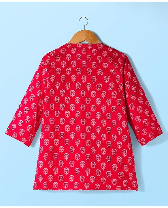 Babyhug Cambric Woven Full Sleeves Kurta Dhoti Set with Floral Print - Red