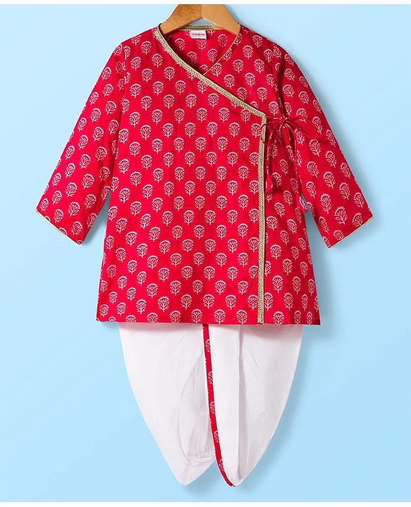 Babyhug Cambric Woven Full Sleeves Kurta Dhoti Set with Floral Print - Red