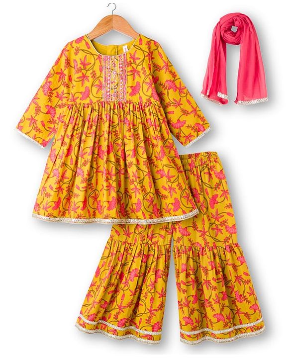 Babyhug Cambric Woven Full Sleeves Kurta Gharara & Dupatta Set With Floral Print - Mustard
